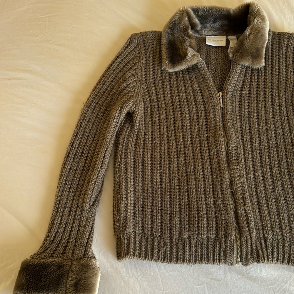 Vintage Retro Y2K Beige/Brown Faux Fur Collar Chunky Full Zip Knit Cardigan